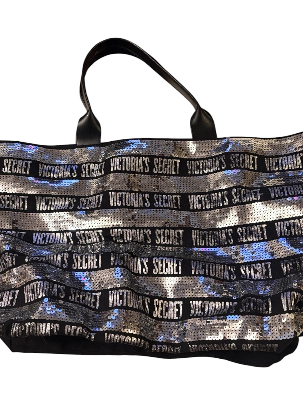 Victoria’s Secret Silver Sequin Logo Large Tote Bag Weekender Travel Y2K Glam